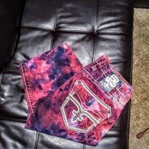 Rare red blue and white tye dye rock revival jeans
